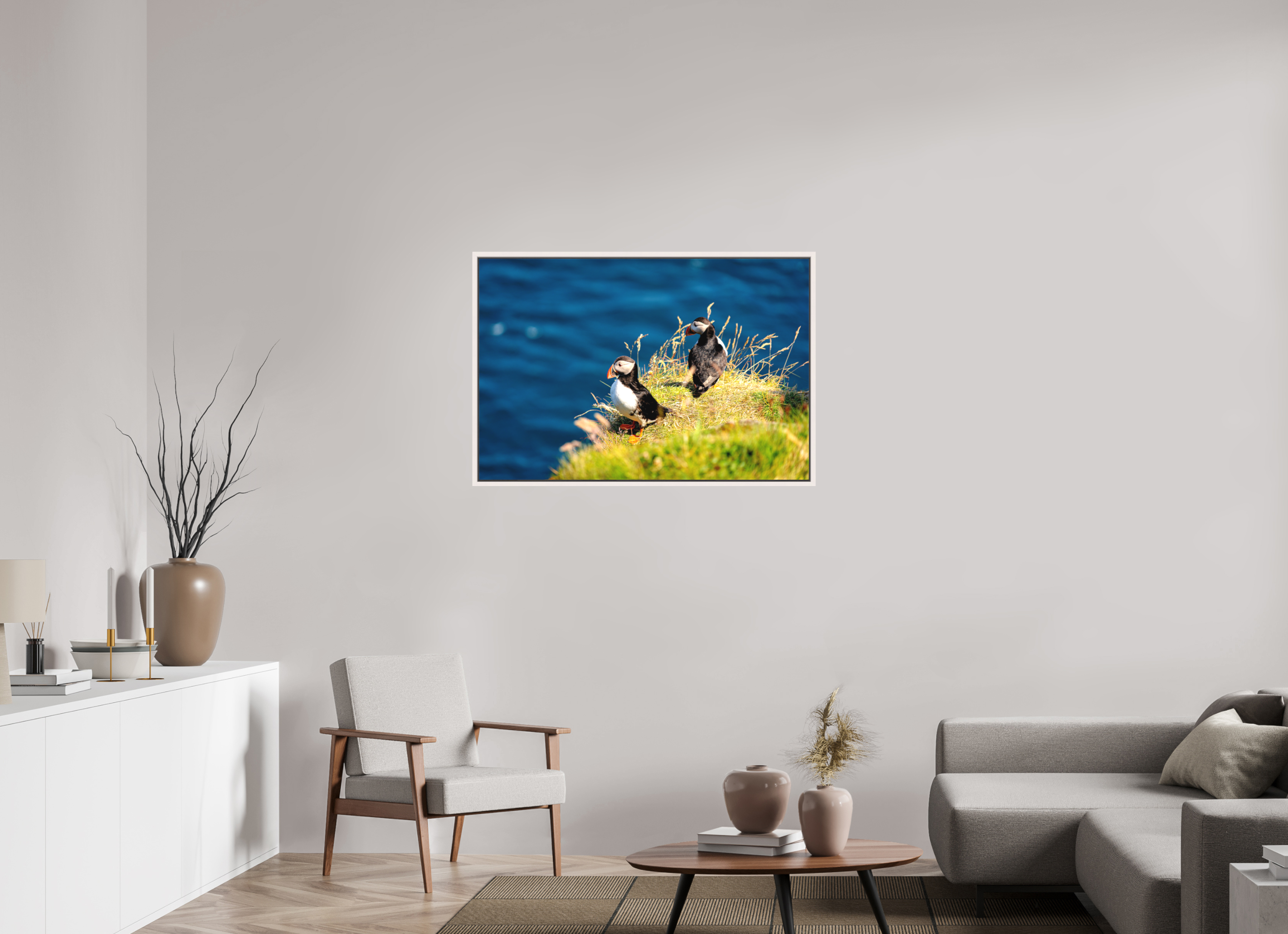 105 x 70 cm, Matte Canvas 15 mm Frame Clifftop Puffins