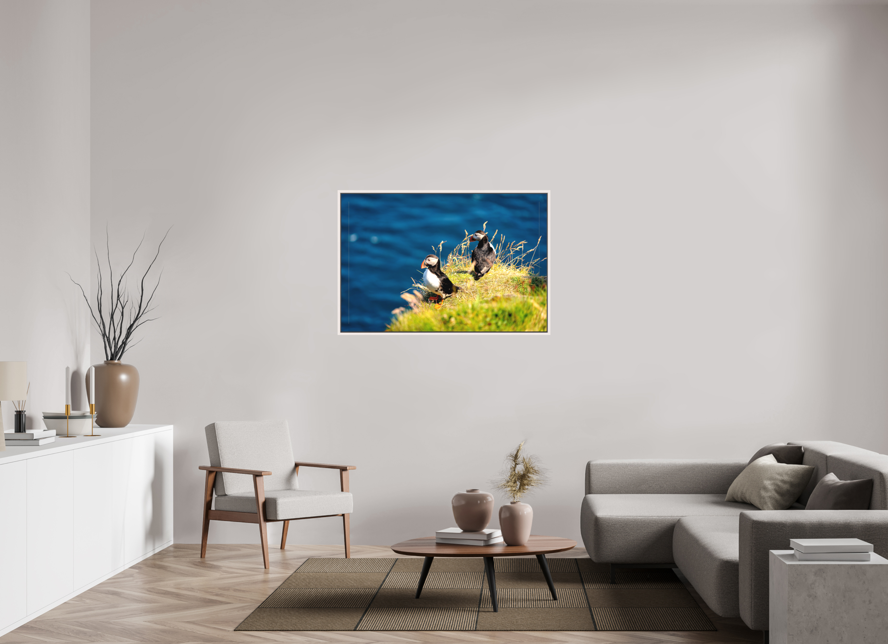 120 x 80 cm, Matte Canvas 15 mm Frame Clifftop Puffins