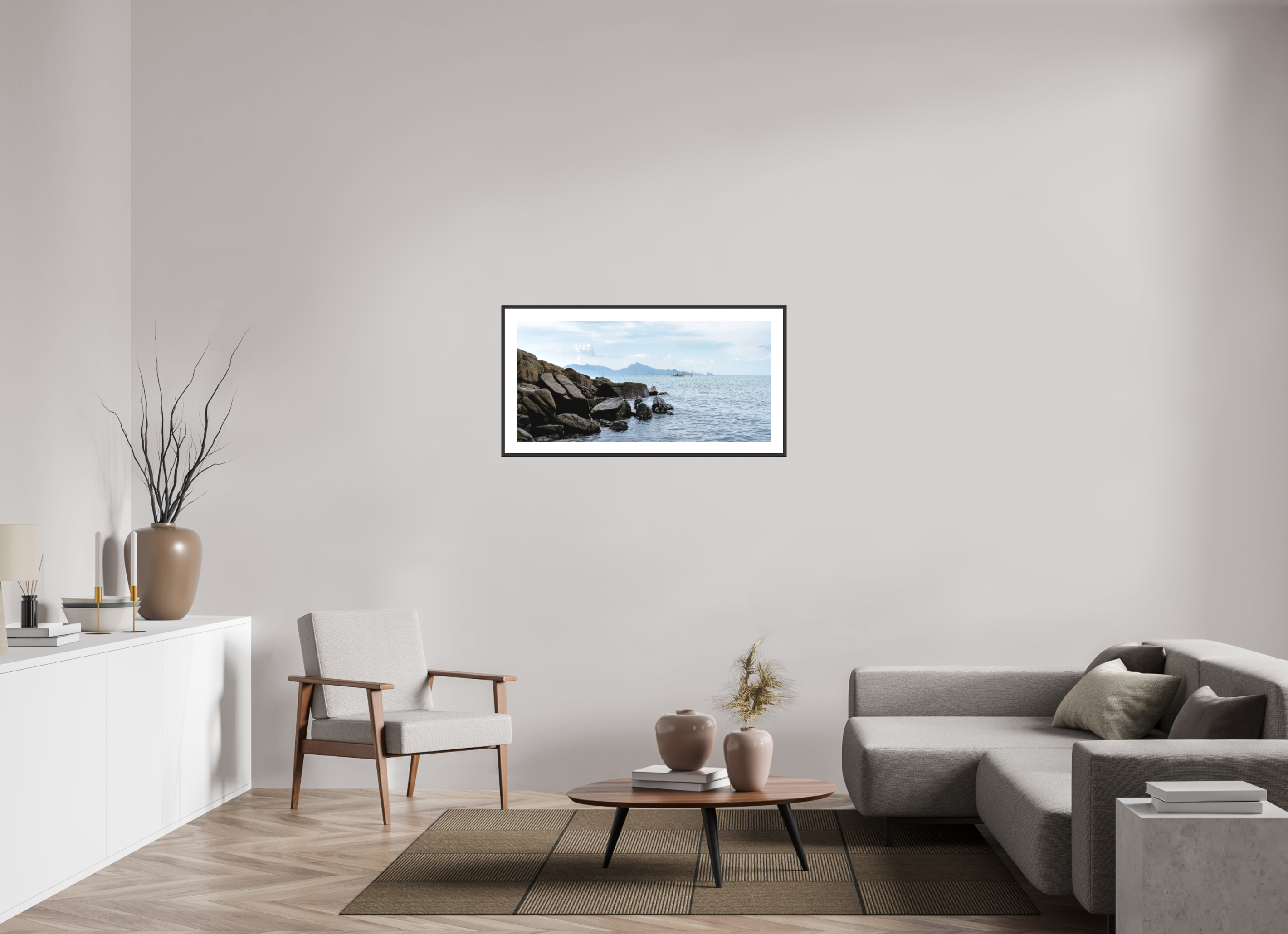 104.4 x 50 cm, Changeable Magnetic Frame - Hahnemühle Fineart Pearl Black Rocks
