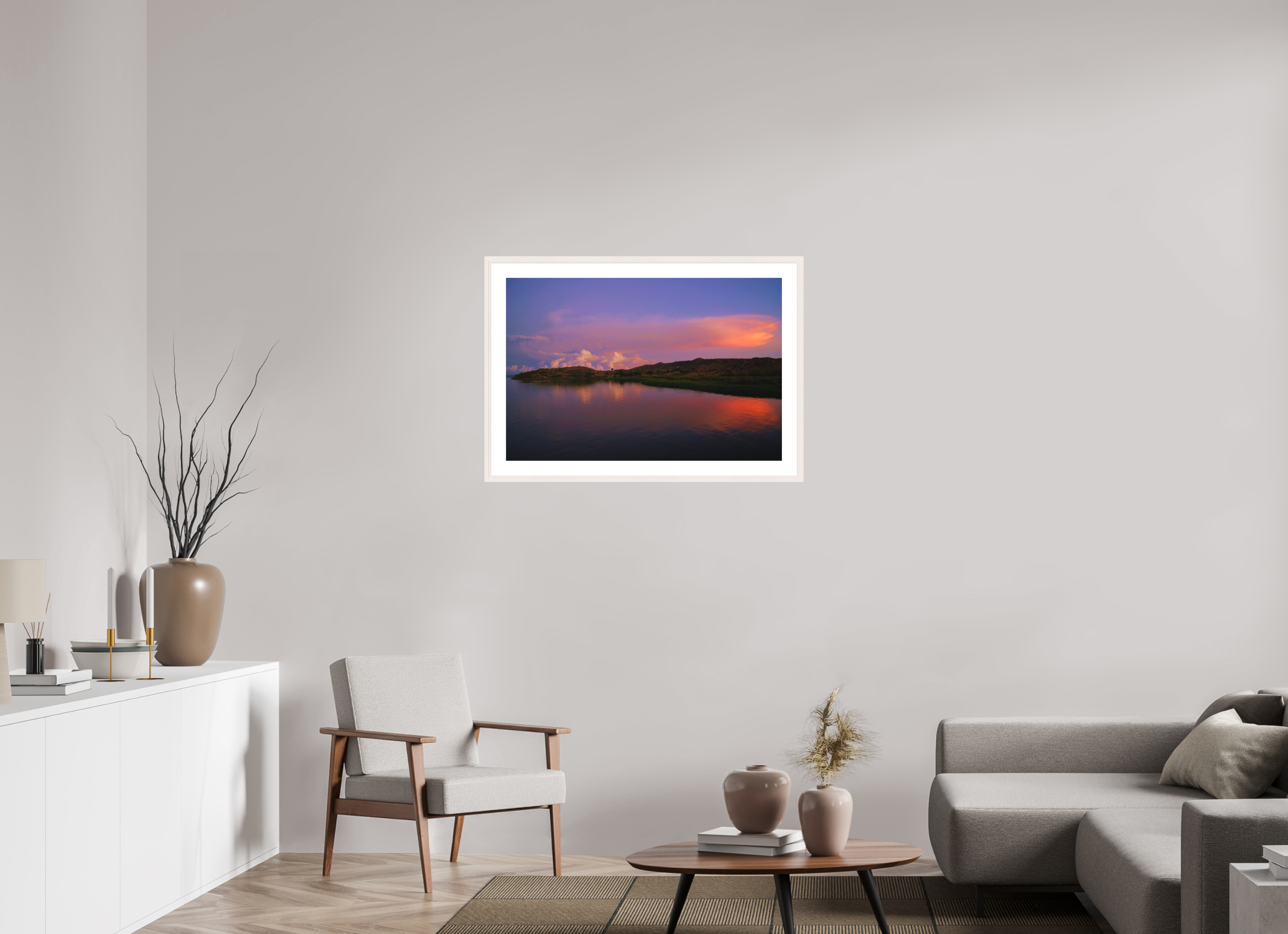 90 x 60 cm, Solid Wood Frame with Passe Partout Sunrise Hues - Tanzania
