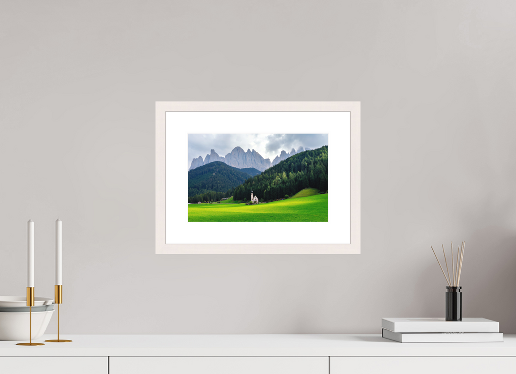31.2 x 20 cm, Solid Wood Frame with Passe Partout Church of Saint John in the Dolomites - Italy