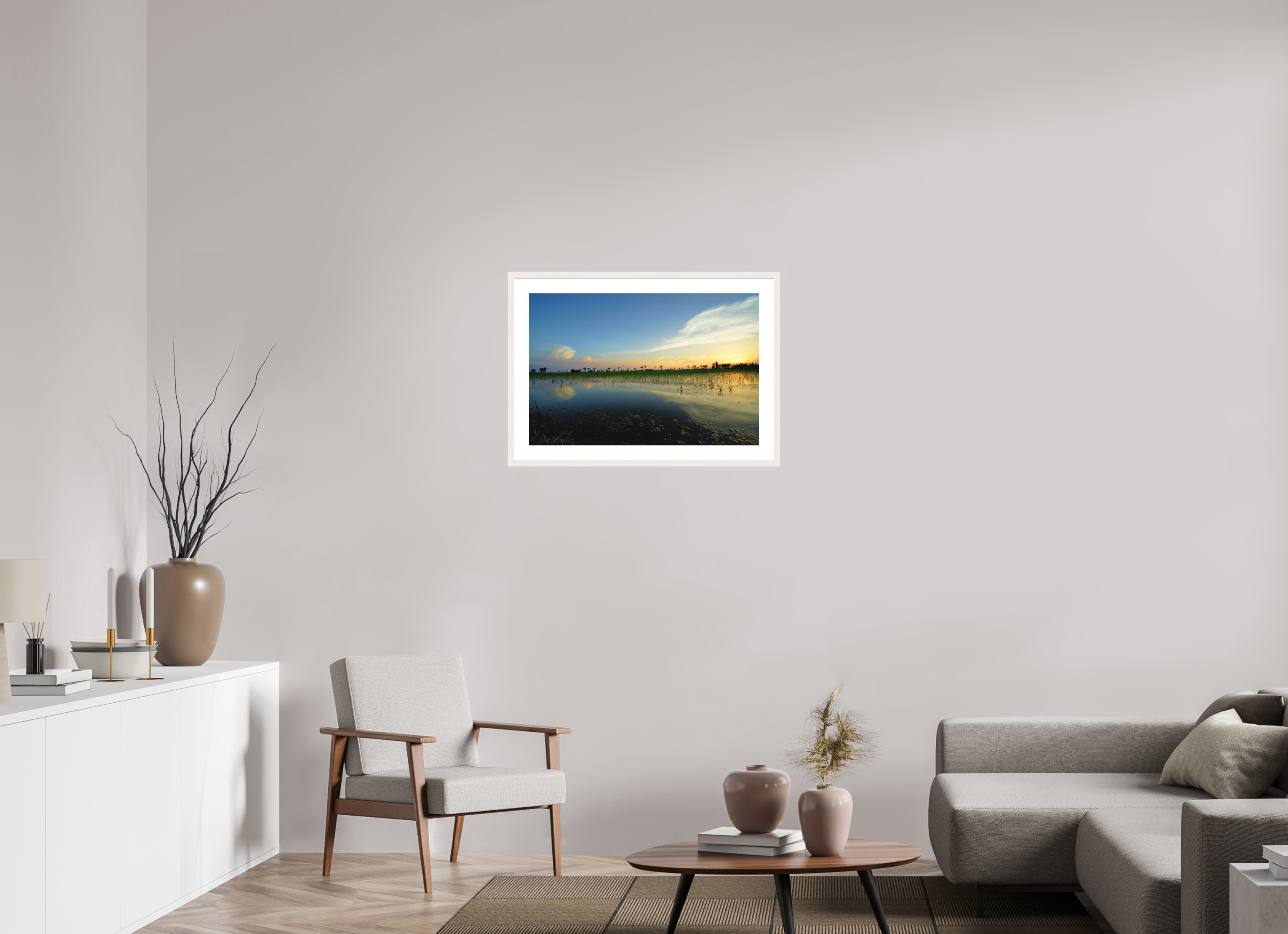 75 x 50 cm, Solid Wood Frame with Passe Partout Rice Fields at Dusk