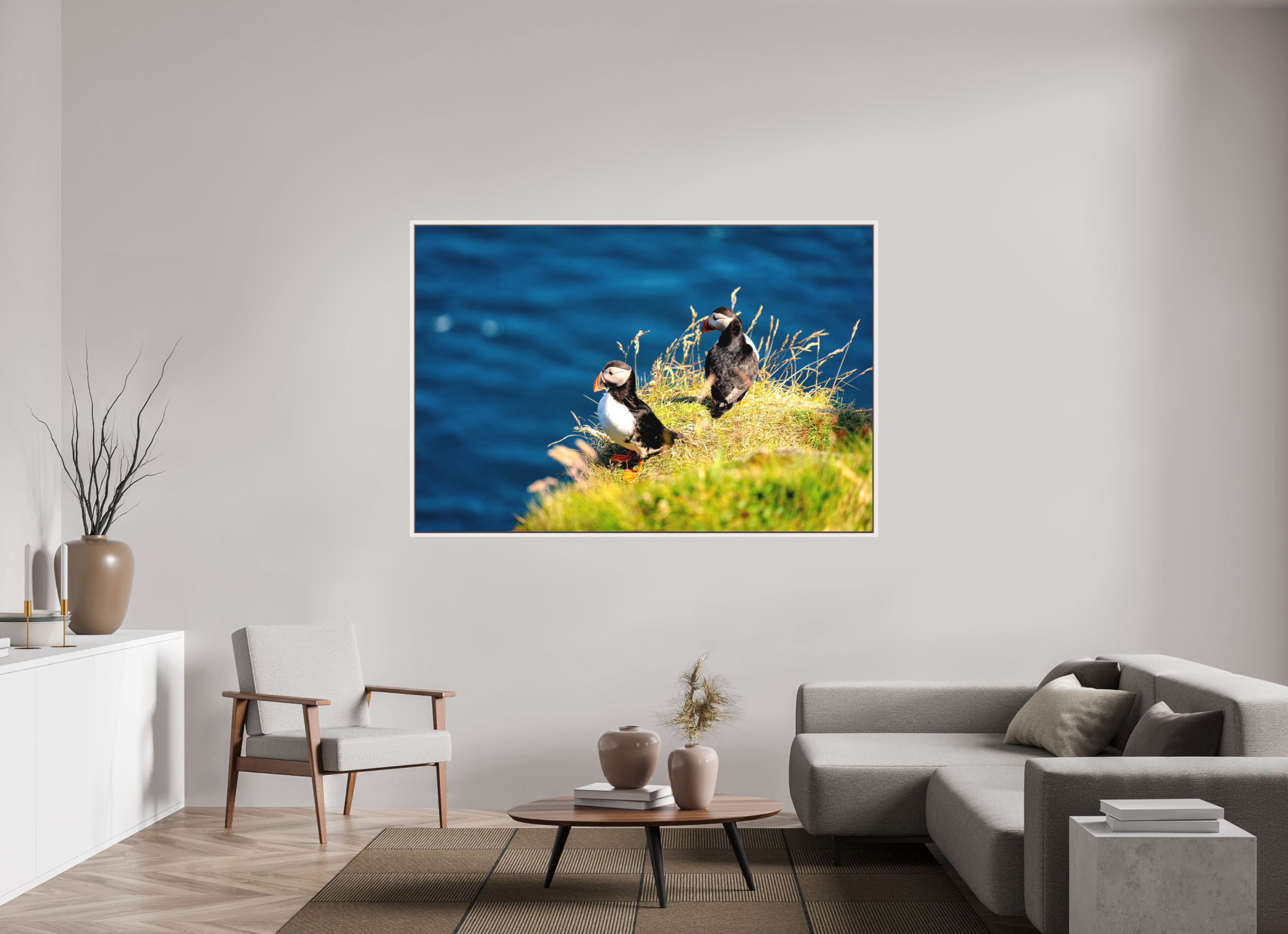 180 x 120 cm, Matte Canvas 15 mm Frame Clifftop Puffins