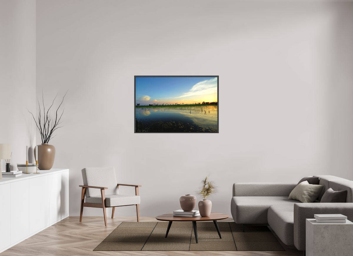 120 x 80 cm, Textile Print Canvas with 15 mm Width Gap Frame Rice Fields at Dusk