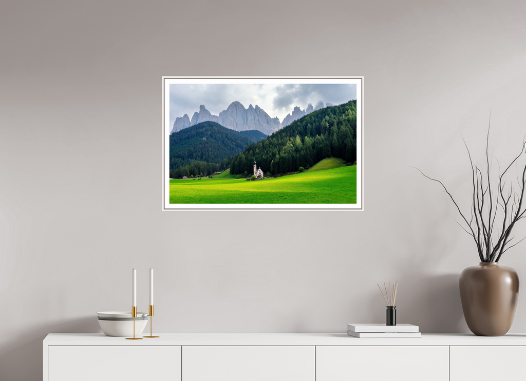77.9 x 50 cm, Fine Art Print On Framed Aluminum Dibond Church of Saint John in the Dolomites - Italy